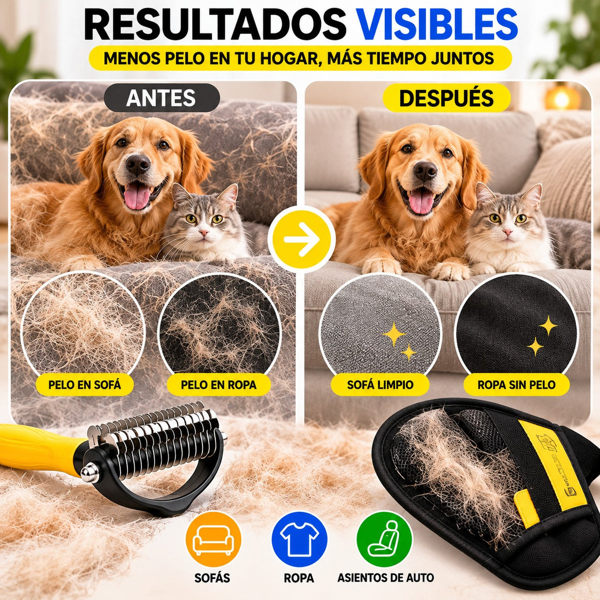 Resultados visibles: menos pelo en sofás y ropa